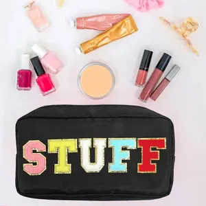 Chenille Letter Patch Glitter Makeup Bag Preppy Nylon Zipper Cosmetic Bag for Women Girls Travel Toiletry Storage Pouch Organizer with Gold Glitter Chenille Letters