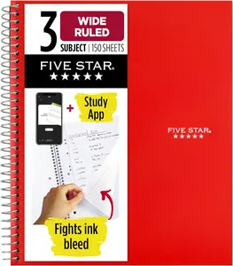 Five Star Spiral Notebook + Study App, 3 Subject, Wide Ruled Paper, 10-1/2" x 8", 150 Sheets, Red (72029)