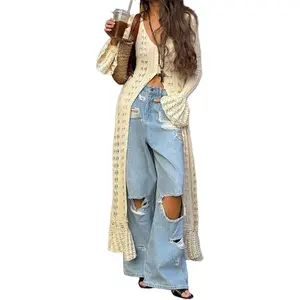 Women's 2025 Trendy V-Neck Button Down Crochet Knit Maxi Long Cardigans
