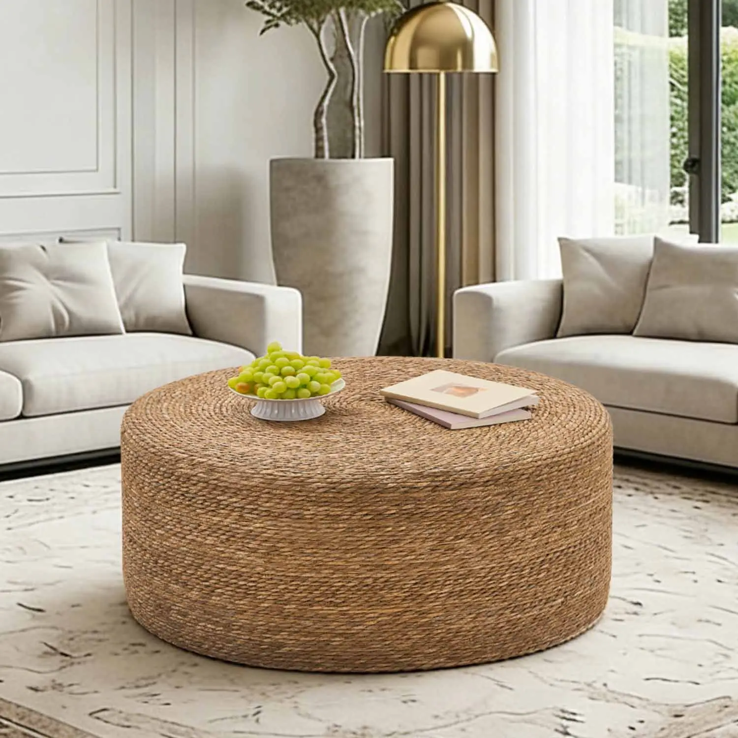 Hand-Woven Natural Seagrass Round Ottoman - Multi-Functional Footstool, Extra Seat, Coffee Table for Bedroom, Patio, Backyard Bohemian Indoor & Outdoor Home Decor