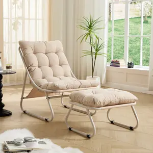 Patio Outdoor Lounge Chair with Ottoman, Comfy Sling Recliner with Puffy Cushion and Foot Stool, 300 lbs Capacity, Black Frame with Multiple Cushion Colors