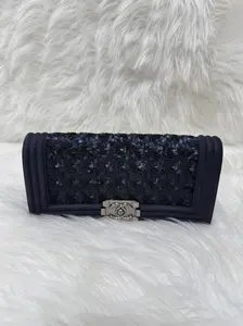 Pre-owned CHANEL sequin，suede Clutches & Wristlets Navy Blue Sequins and Suede Boy Clutch