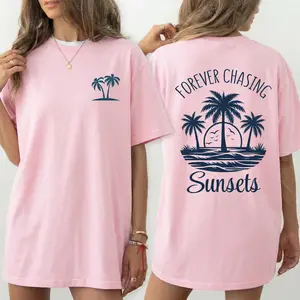 Forever Chasing Sunsets T-Shirt Back Print Palm Tree Ocean Graphic Tee Summer Beach Vacation Outfit Cruise Squad Girls Trip Coastal Aesthetic Top