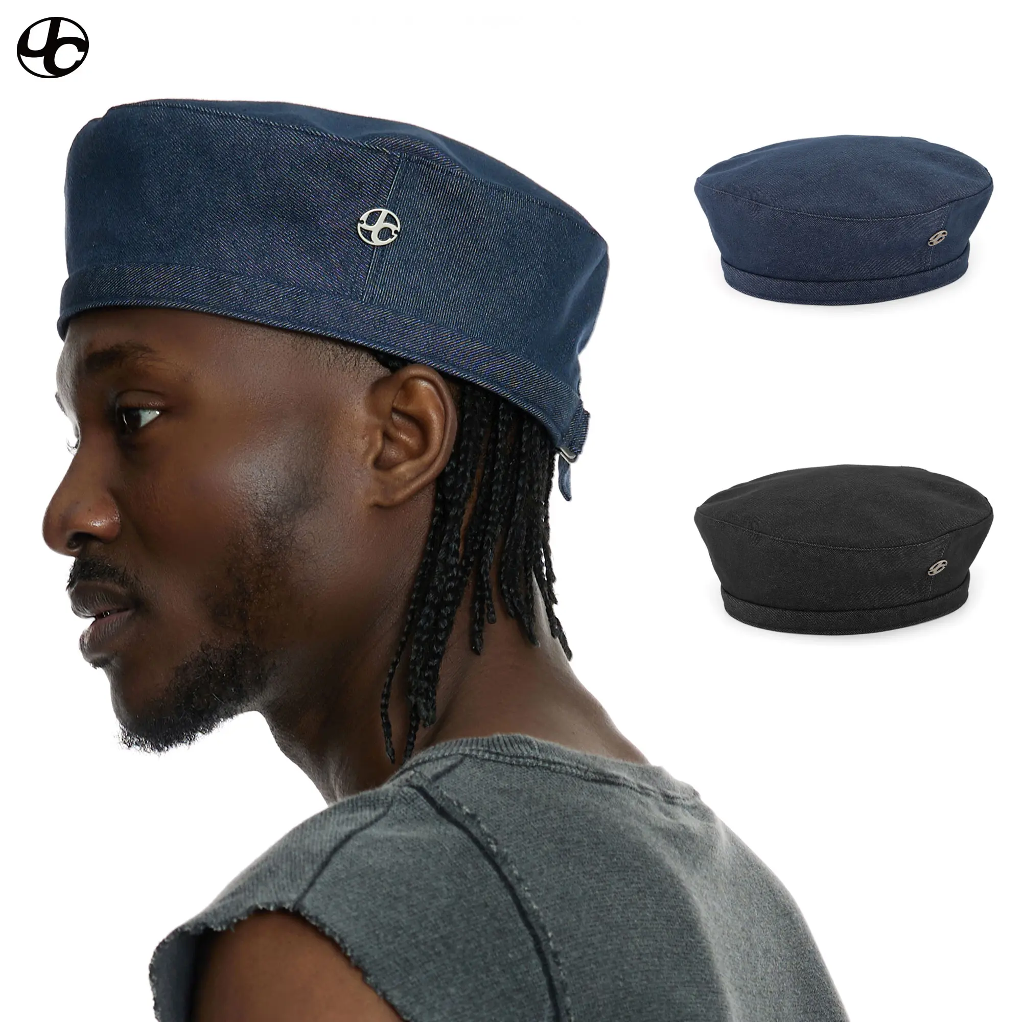 UNDERCONTROL Oversized Denim Beret – XXL Adjustable Painter Hat for Big Head, Hand Stitched Cotton Artist Cap with Steel Label, Non Fade Washed Fabric, Unisex Plus Size Korean Style