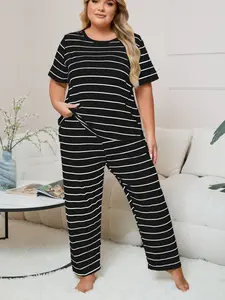 Women's Striped Print Round Neck Short Sleeve Top & Elastic Waist Long Pants Sleepwear Set, Plus Size Ultra Comfortable Home Sleeping Clothes, Pajama Set