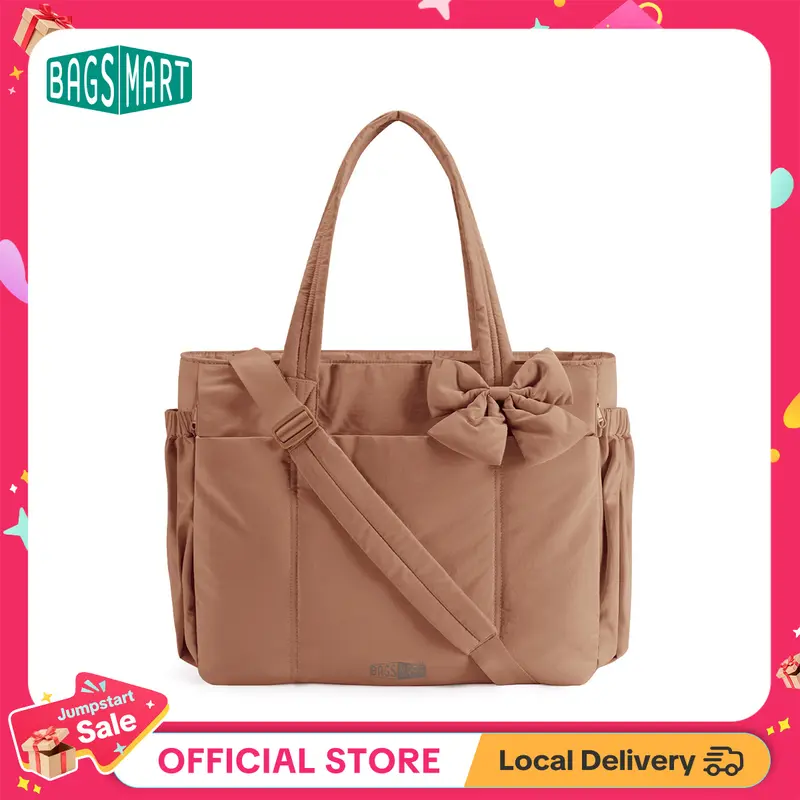 BAGSMART Crush Bow Tote Bag for Women 15.6" Laptop Friendly Lightweight Puffy Handbag with Removable Bow & Multiple Compartments for Travel Work Beach Gym 20L Capacity TikTokShopJumpstartSale