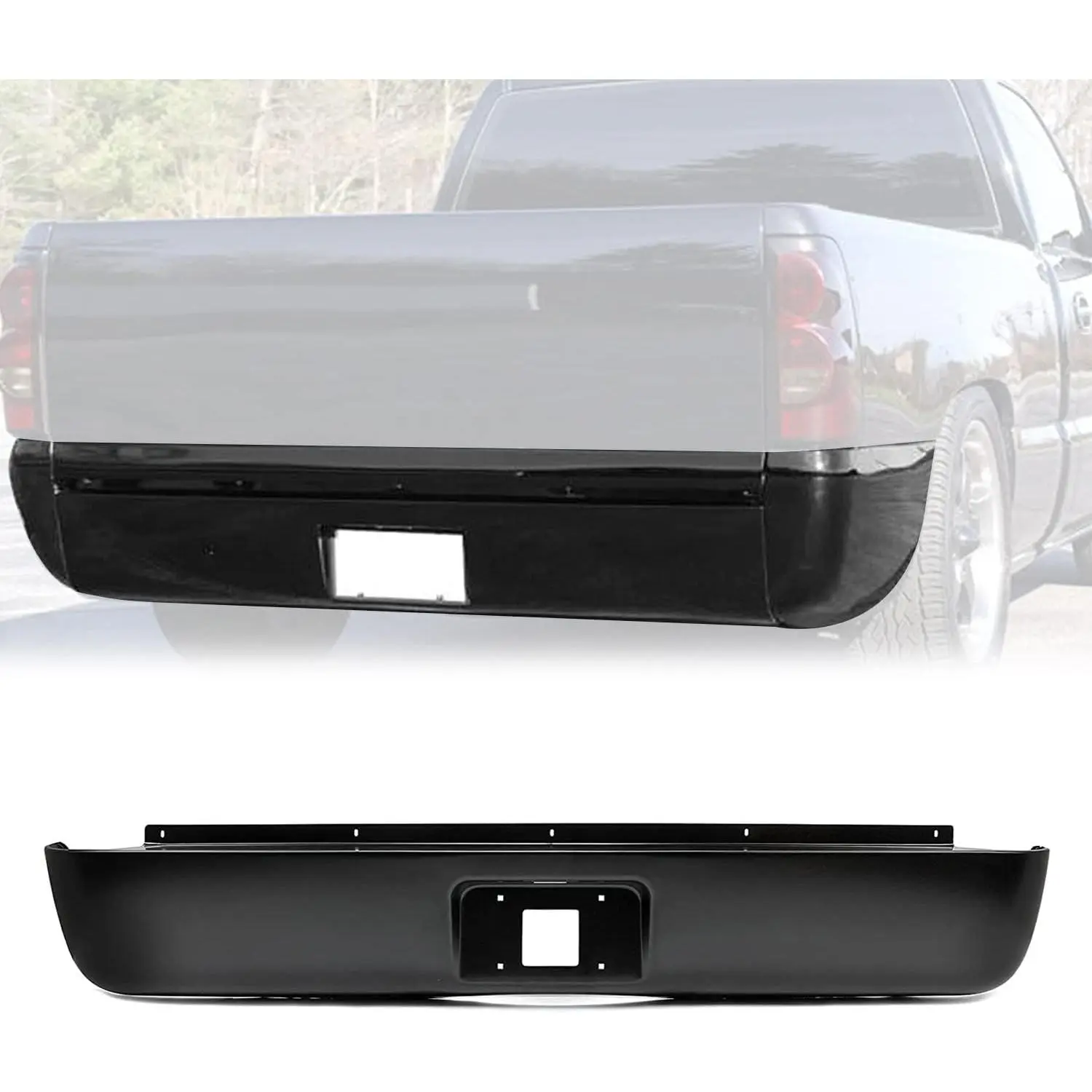 KQQIO Heavy-Duty Steel Rear Bumper Roll Pan - Black Finish, License Light, Bolt-On Easy Install, Direct Factory Part Replacement, Precision Designed to Match Body Lines, Compatible with 2007-2013 Silverado Sierra 1500 Fleetside Bed Trucks