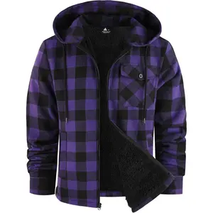 Mens Cotton Plaid Flannel Fleece Lined Sherpa Zip Up Hooded Jacket with Pocket
