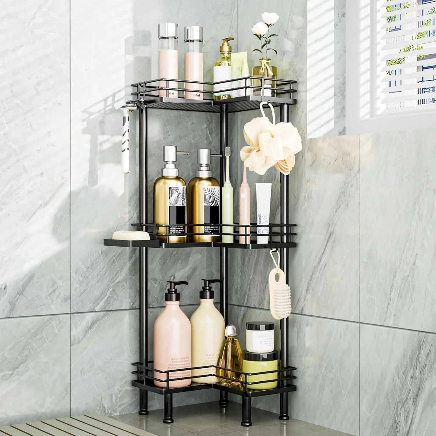 Black Modern Stainless Steel Standing Corner Shower Caddy - 3-Tier Large Capacity Shelf with Soap Holder and 4 Hooks for Bathroom (Indoor Recreation Use), Rest Room