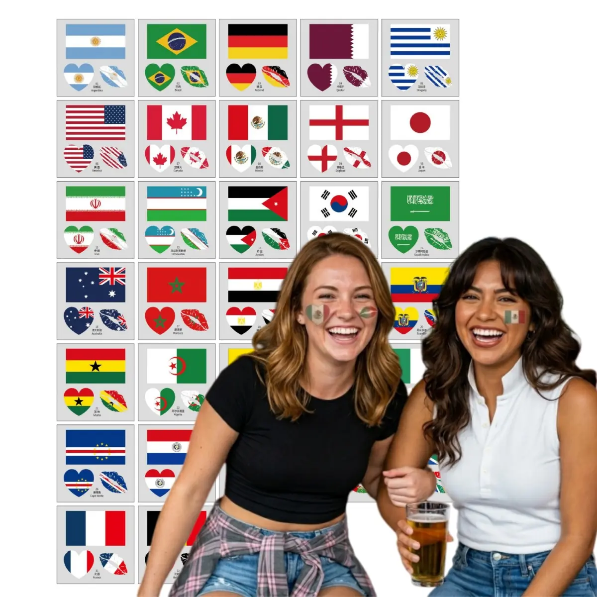 48 PCS Flag-Themed Temporary Tattoos, Waterproof Long-Lasting Country Flag Designs Face & Body Stickers for Children, Easy to Remove, Ideal for Sports, 2.36x2.36x0.2 in