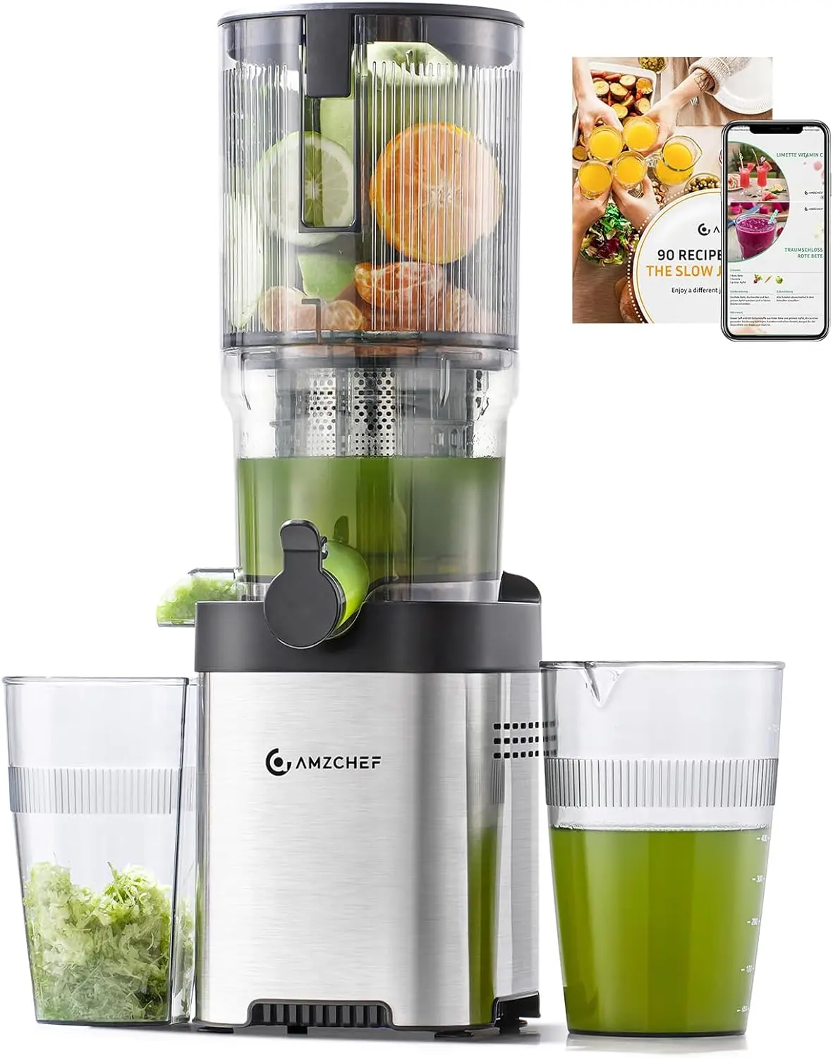 AMZCHEF ZM1902B Cold Pressed Slow Juicer - 5.2" Large Feed Chute for Whole Fruits & Vegetables, Stainless Steel Juice Separation Extractor with Large Auger, Triple Strainers, Easy Cleanup & Assembly for Juicing for Health, Cold Pressed Juicer, Juice Separ