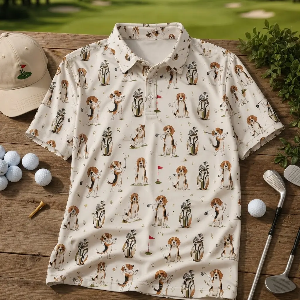 Golf Polo Shirt for Men, Beagle Dog Pattern Polo, Funny Golfer Gift, Casual Performance Collared Shirt, Hunting Dog Lover Apparel