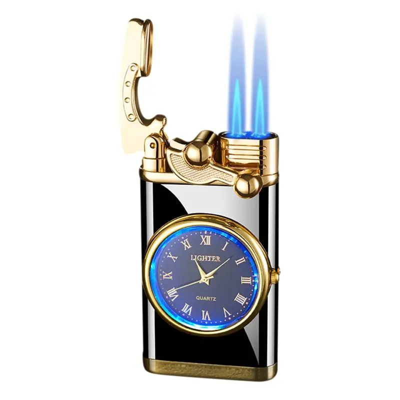 Black Vintage Windproof Double Flame Butane Lighter - Analog Dial, Adjustable Blue Flame, High-Quality, Ergonomic Grip, Inflatable, Adult Gift for Boyfriends Dads, Accessories (Butane Gas Not Included), Double Flame Lighter