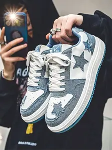 Men's Colorblock Star Patched Lace Up Skate Shoes, Skateboarding Shoes, Casual Comfortable Sports Shoes for Daily Wear, Fashionable Skate Shoes for Men, Closed