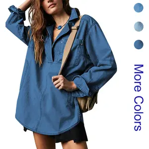Women's Denim Pullover Casual Button V Neck Blouse Loose Fit Long Sleeve Jean Jacket With Pocket