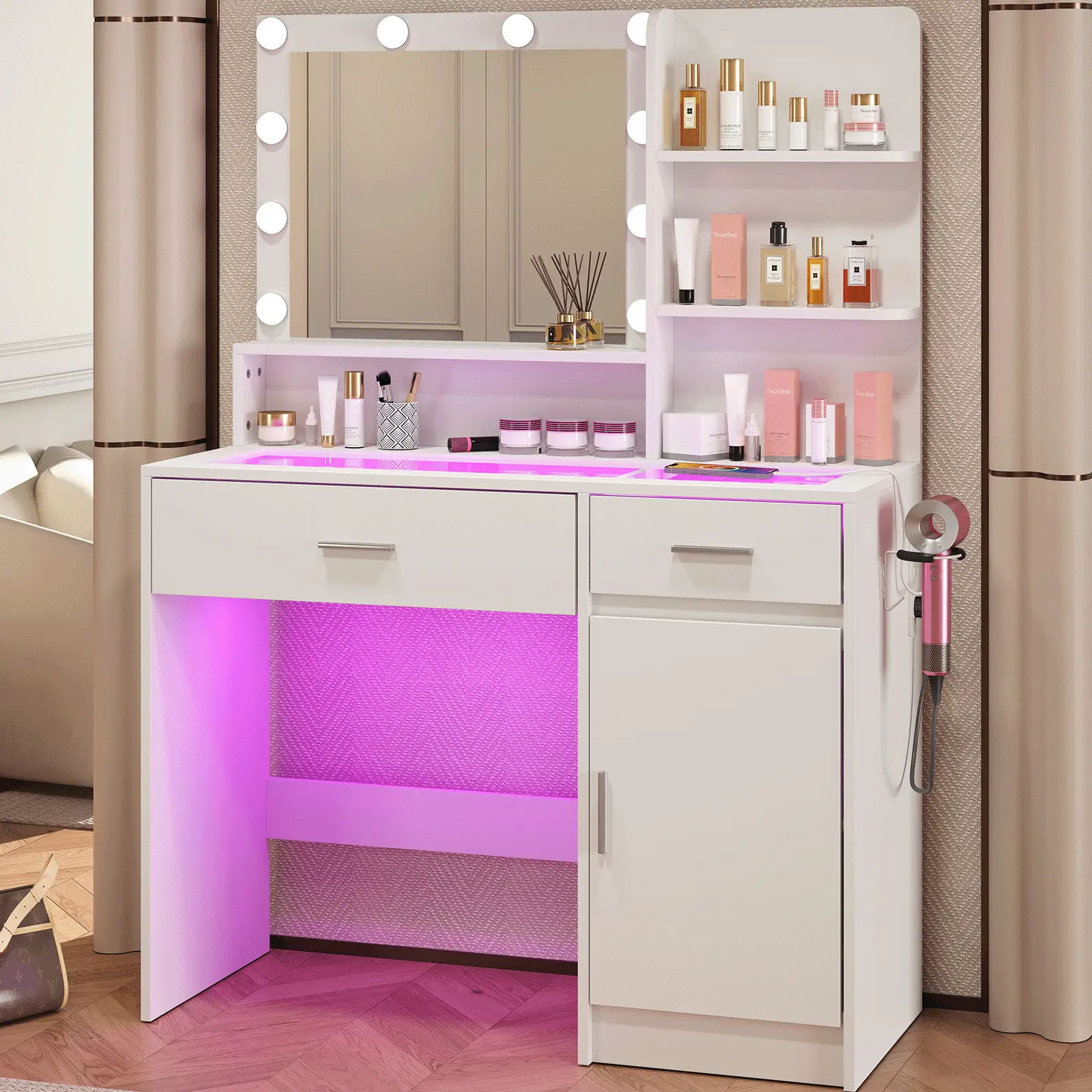 CollaredEagle Vanity Desk, Makeup Organizing Station, LED Lighted Vanity, Rotating Mirror Vanity, Glass Top Dressing Table, Bedroom Storage Vanity With Adjustable Brightness And USB Power