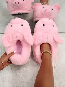Cute Pig Design Plush Slippers, Casual Soft Comfortable Home Slippers, Warm Non-slip Slippers for Indoor & Outdoor Use for Women & Girls