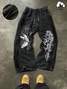 Unisex Washed Gothic Angel & Cross Print Wide Leg Sweatpants | Y2K Dark Aesthetic High Street American Retro Streetwear Pants