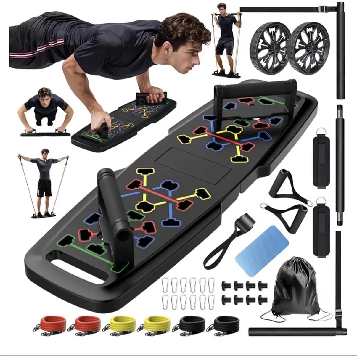 Portable Home Gym System with Foldable Push Up Board 3-Section Bar 6 Resistance Bands 2 Ankle Straps Ab Roller Wheel for Full Body Workout