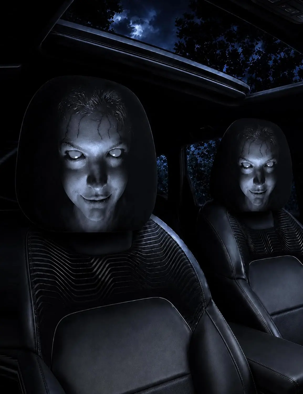 Ghost Face Headrest Covers, Scary Face Printing Auto Seat Universal Elastic Models Headrest Protector with Glowing-Eye Effects Cover Funny Decoration for Car Interior Vehicle Truck SUV
