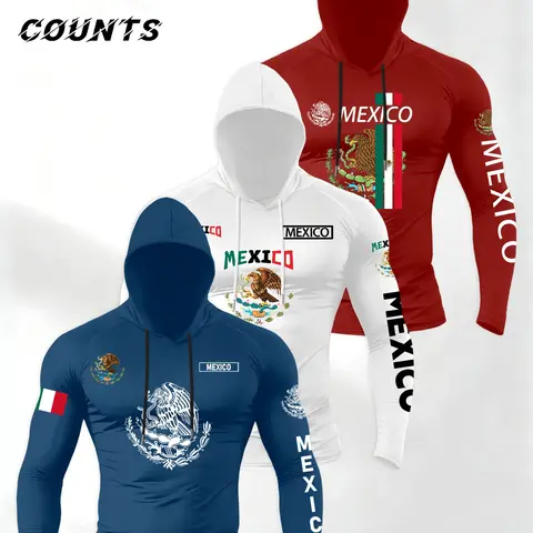 Men's 3-Piece Set Mexican Flag Hooded Long Sleeve T-Shirt, Gym Sports Wear, Workout Sportswear, Daily Patriotic, Sporty Fitted Style, Sporty Style Clothes, All Seasons