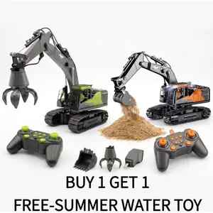 Ultimate 14-Channel RC Excavator Toy!3-in-1 Remote Control Construction Truck with Metal Bucket, Claw & Drill, 680 Degree Rotation, LED Lights, Realistic Sounds & Auto Demo.Heavy Duty Sand Digger Gift for Kids & Boys