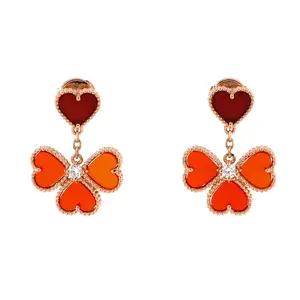 Pre-owned Van Cleef & Arpels Sweet Alhambra Effeuillage Heart Earrings 18K Rose Gold with Carnelian and Diamonds by Rebag