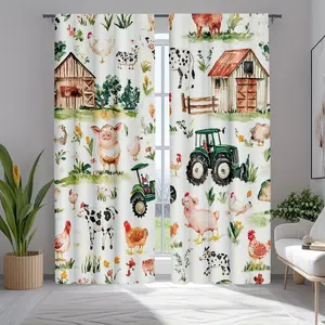 Two red plaid semi-blackout tractor blinds, perfect for the bedroom. Cartoon farm tractor and excavator design, polyester fabric, pole pocket style, semi-sheer, machine washable. Curtain Blinds