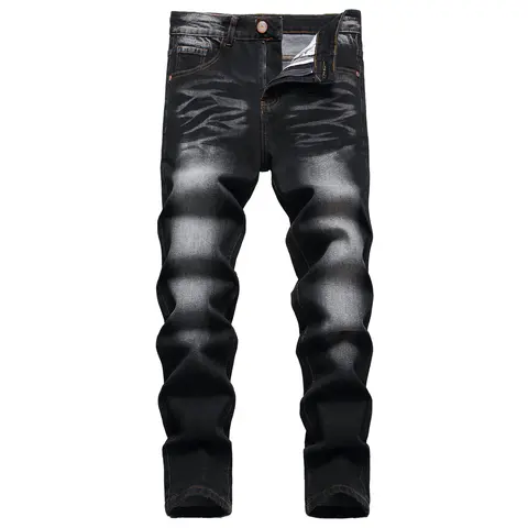 JUNBAOSS Men's Slim Fit Elastic Jeans Tear Tight Jeans, Straight Tube Fashionable Casual Trendy Chic Comfortable Elastic Waist Denim Pants, Men's Classic Street Style Cotton Fabric Jeans, Natural Hip-Hop Style Personalized Fashion Jeans With Pockets Sprin