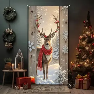 1pc festive Christmas background fabric door panel decoration, polyester material, design of reindeer with red scarf coming to the door, suitable for holiday decoration - Christmas decoration, party decoration, courtyard, living room garden decoration, Me