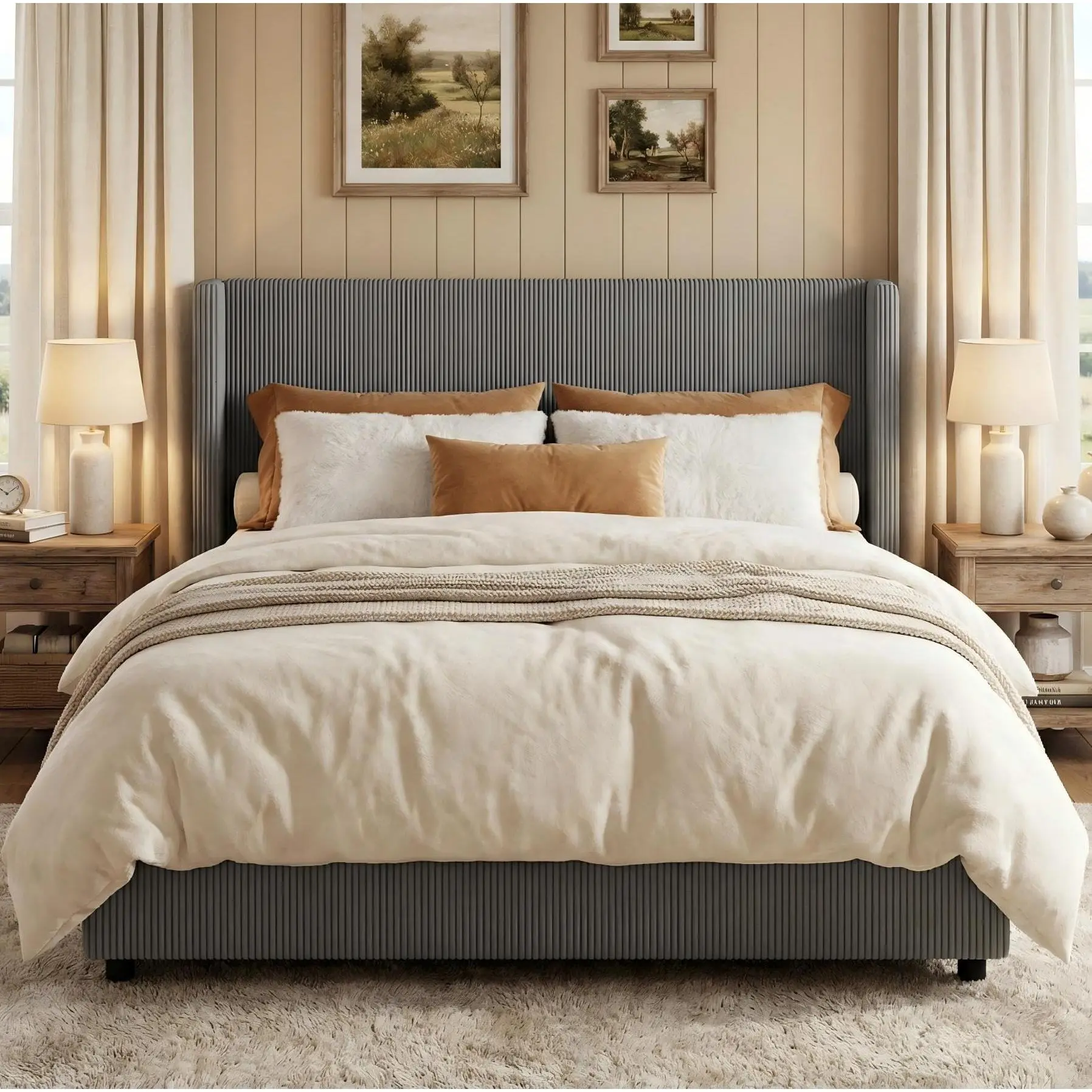 Queen Size Sturdy Corduroy Storage Bed - Grey Elegant Corduroy Design, Winged Tufted Headboard-Footboard, Walnut Accents, Storage Drawers, EVA Foam, 1000lbs Weight Capacity, No Box Spring Needed, Assembly Required, Reliable Service