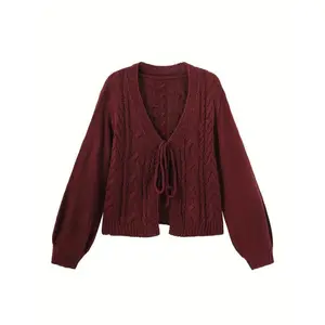 Women's Cozy Maroon Cable Cardigan MP 2798858 Acrylic Knitwear V-Neck Lantern Sleeves Drawstring Detail Short Length Fall Winter Chic Tops