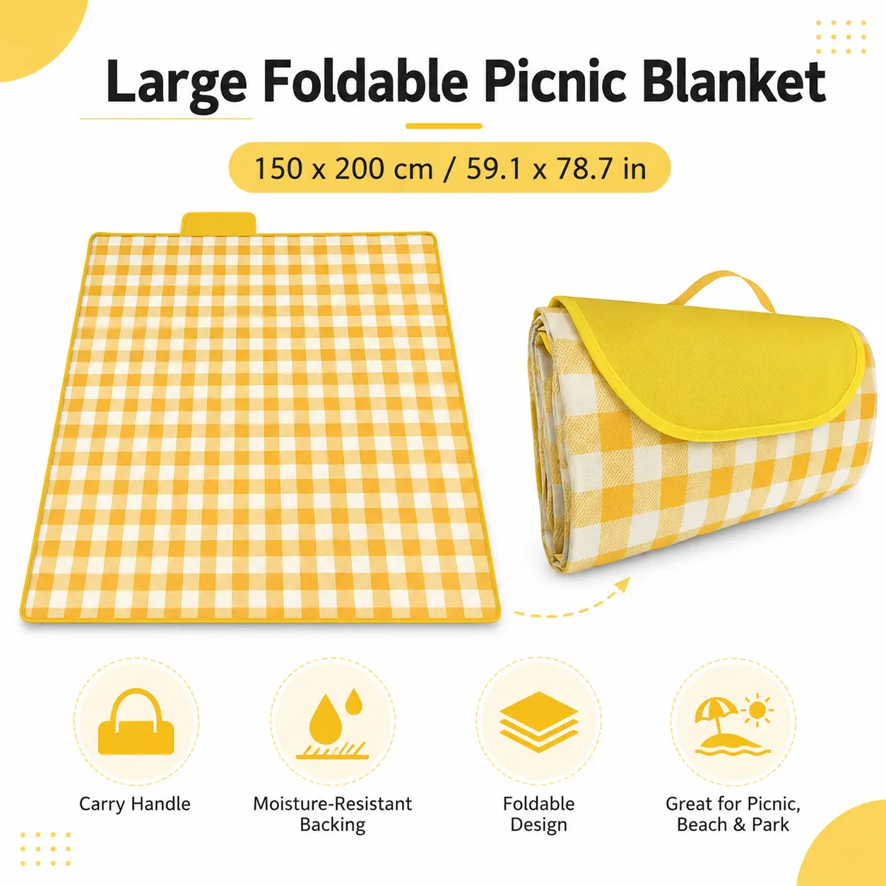 111/500 Foldable checkered picnic blanket with handles, portable for outdoor use at camping sites, parks, beaches, and family outings.