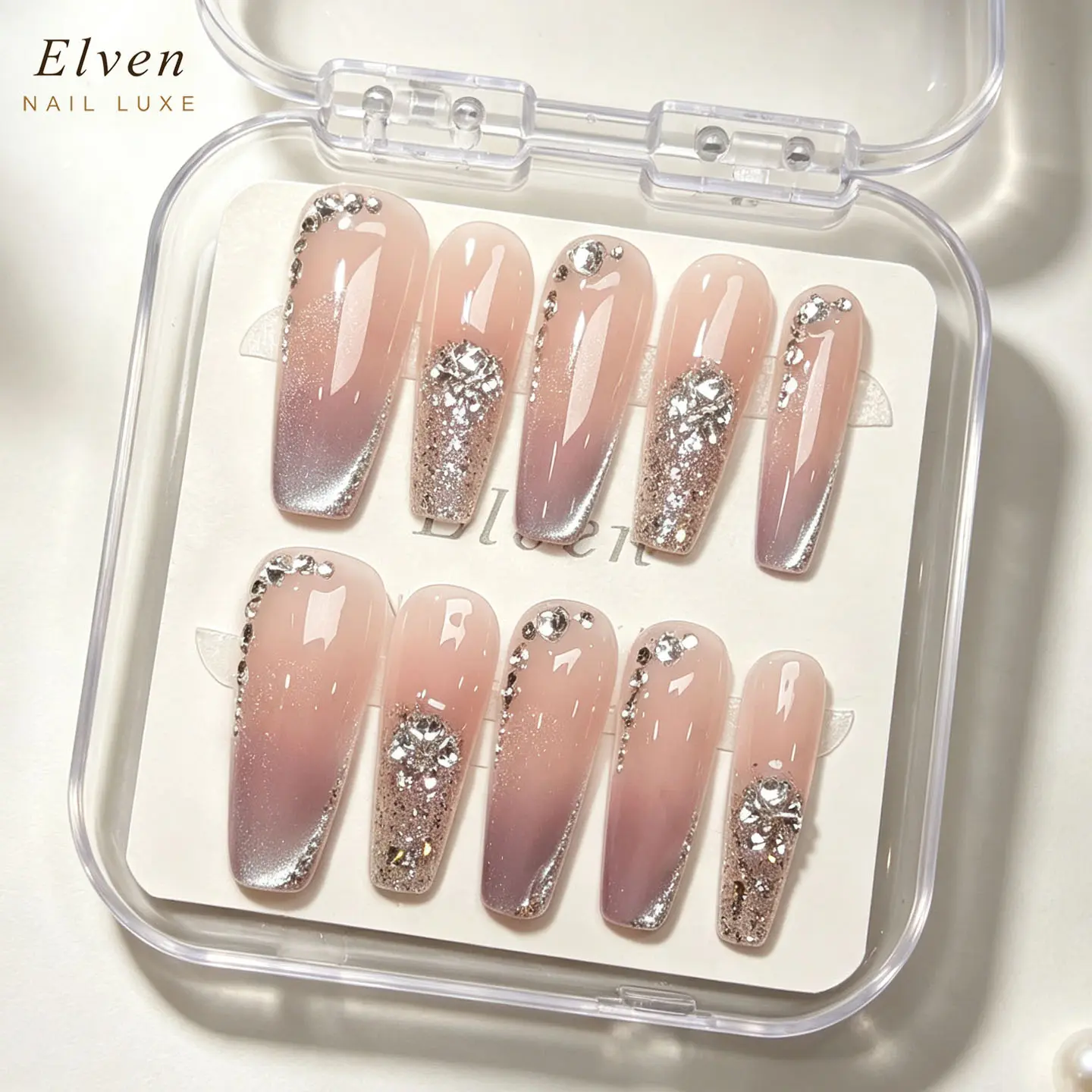 Handmade Nude Pink Ombre Press On Nails - Silver Glitter French Tip with Rhinestone & Metal Rose Decor, Long Coffin Reusable Fake Nails, Salon Quality