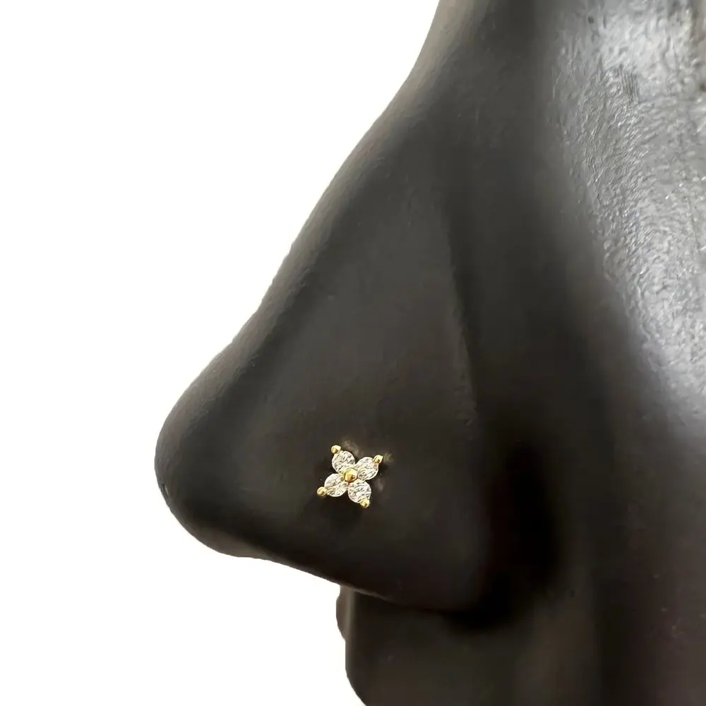 Statement Gold Lucky Clover Nose Stud, Nose Rings for women, L-shape Nose Rings, Nostril Piercing, Hypoallergenic Nose Jewelry, 20 gauge Nose Rings