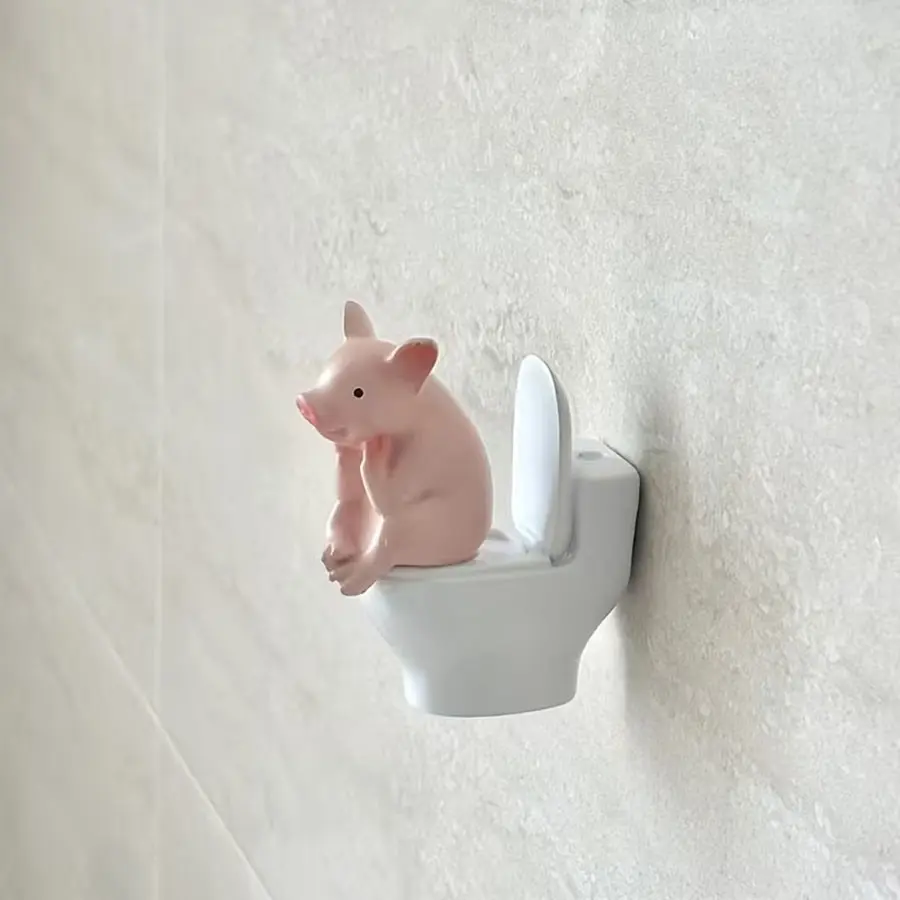 Cute Piggy on Toilet Seat PVC Bathroom Decor, Collectible Home Decor, Healing Decor, Desktop or Wall Mount, Home Office Desk and Living Room Display, Desk Ornaments, Home and Bath Decoration, Animal Decorations, Decorative Figurines