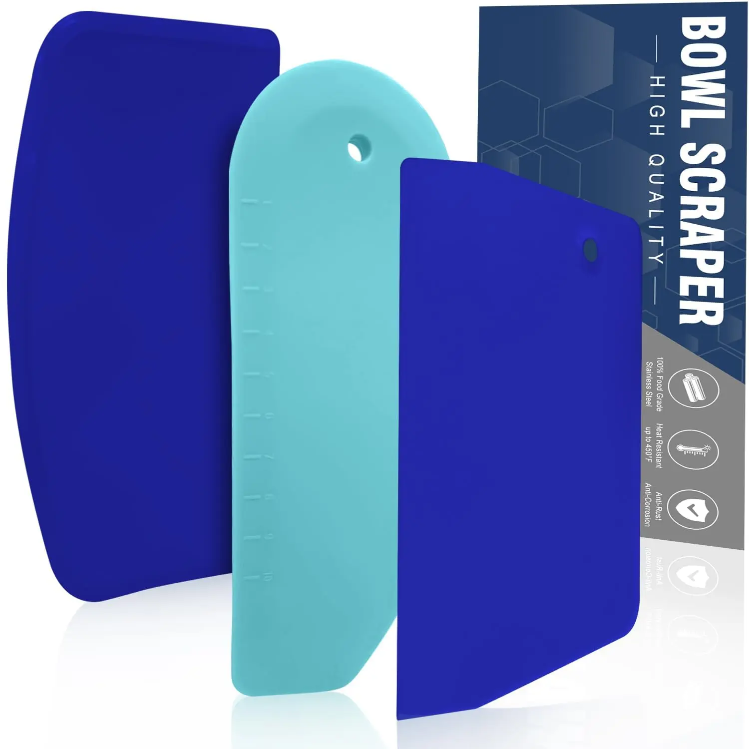 Dough Scraper Set Of 3  Flexible Silicone Bowl Spatula Kitchen Plastic Bench Tool For Bread Sourdough Cake Fondant Icing Blue & Teal/aqua...