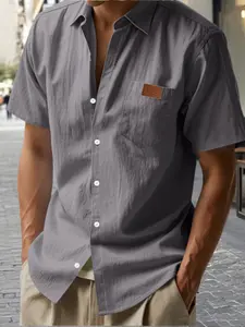 Men's Linen Short Sleeve Button-Up Shirt, Classic Casual Loose-Fit Summer Top with Pockets, Comfortable Breathable Plain Design for Daily Wear