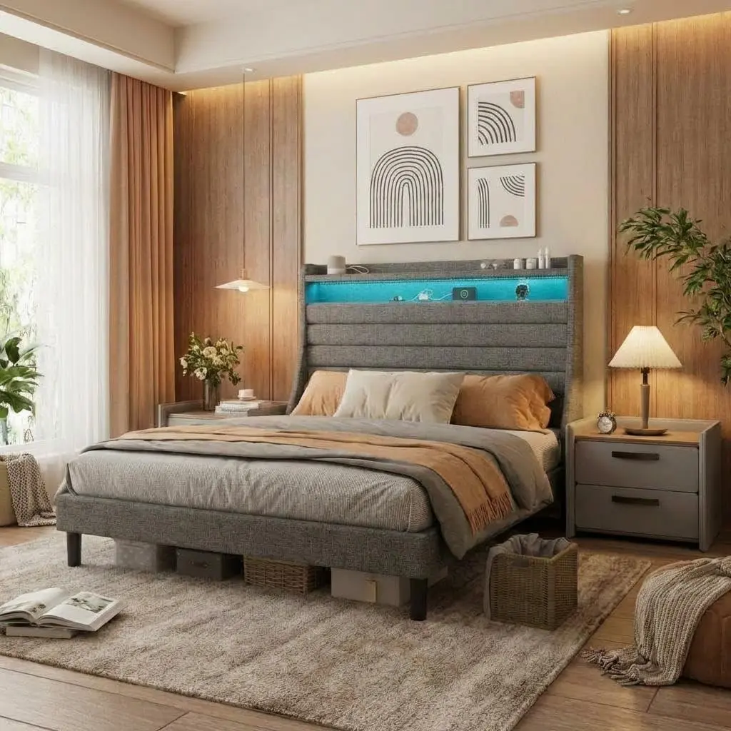 Gray Queen Size Linen Upholstered Headboard Bed Frame - LED Lights, USB Charging Ports, Hidden Storage, Noise-Free Wood Slats, No Box Spring Required