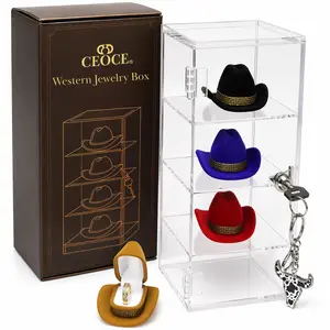 CEOCE Cowboy Hat Jewelry Box. for  Cowboy Hat Necklace.  Box Cowboy Hat Ring Lockable Acrylic Display Case with 4 Mini Ring Holders and Gift Packaging.  Cowboy Hat Gift box.