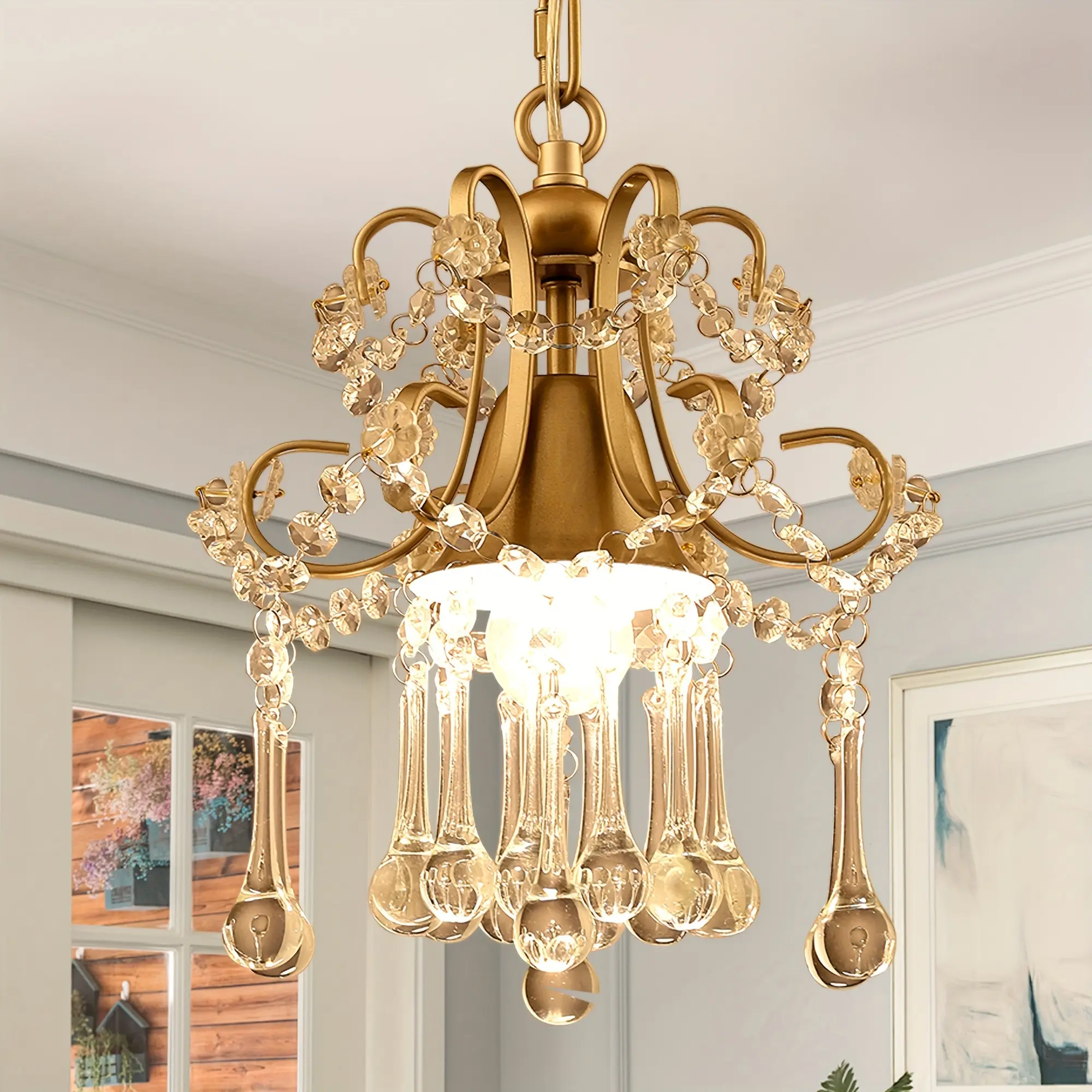 K9 Mini Style Clear Crystal Ceiling Chandelier for Living Room Bedroom Dining Room Porch Chandelier, 1 Light, Champagne Elegant Lighting Dimmable Lighting Home Decoration Lamp tiktokshopspringglowup