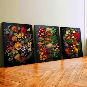 3Pcs Wooden Framed Canvas Painting, Vibrant Spices And Herbs Composition, Exquisite Poster, Home Decoration, Pattern Wall Art Decor, For Living Room, Bedroom, Office, Restaurant, Bar Wall Decor, Odorless, Painting, Print Artwork.