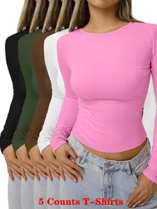 Women's Solid Round Neck Tee Top, Casual Fitted Long Sleeve T-shirt for Daily Wear, Ladies Clothes for All Seasons