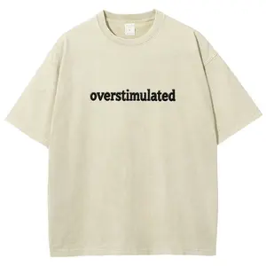 Overstimulated Letter Embroidery Washed Tee Unisex Retro Short-Sleeved  & Fashionable Minimalism Shirt Perfect for Casual Wear Soft Top Cotton Fabric Essential Everyday Dress Fit