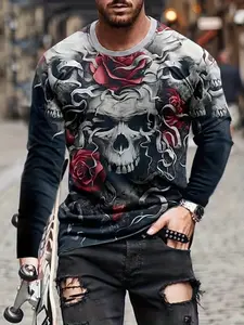 Men's Halloween Fashion Streetwear, Loose Skull Pattern T-Shirt, Casual Breathable Round Neck Long Sleeve Top, Suitable for City Walks and Outdoor Activities