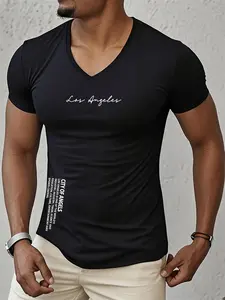 Men's Regular Fit Letter Print V Neck Tee, Casual Short Sleeve T-Shirt for Summer, Fashion Men's Top for Daily Wear, Activewear T Shirt, Gym Workout Shirt