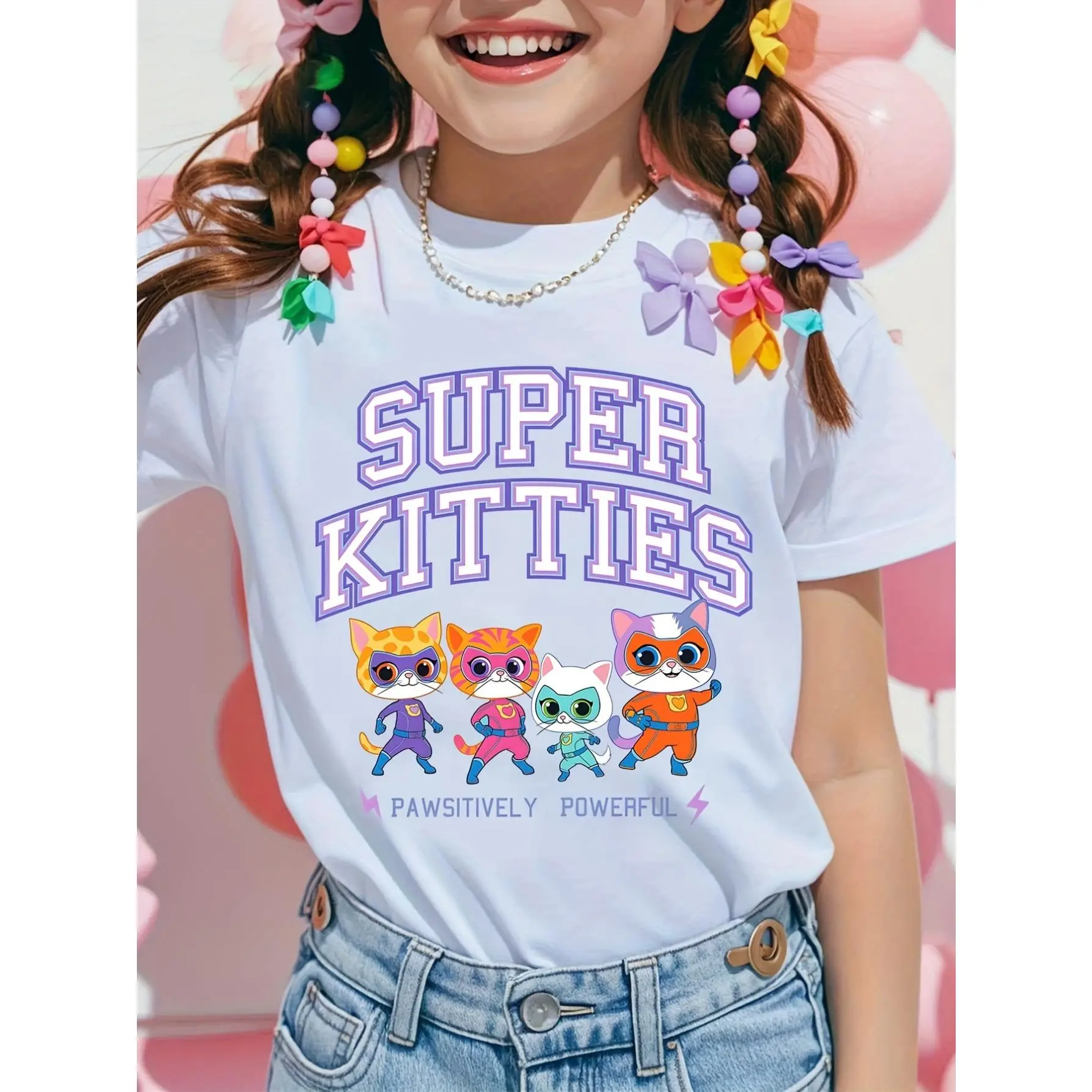 Girls' Super Kitties Graphic T-Shirt, Colorful Character-Themed 100% Cotton Casual Top with 'Pawsitively Powerful' Print for Weekend Playdates, Character-Themed Girls' T-Shirts, Child-Size Girls' T-Shirts