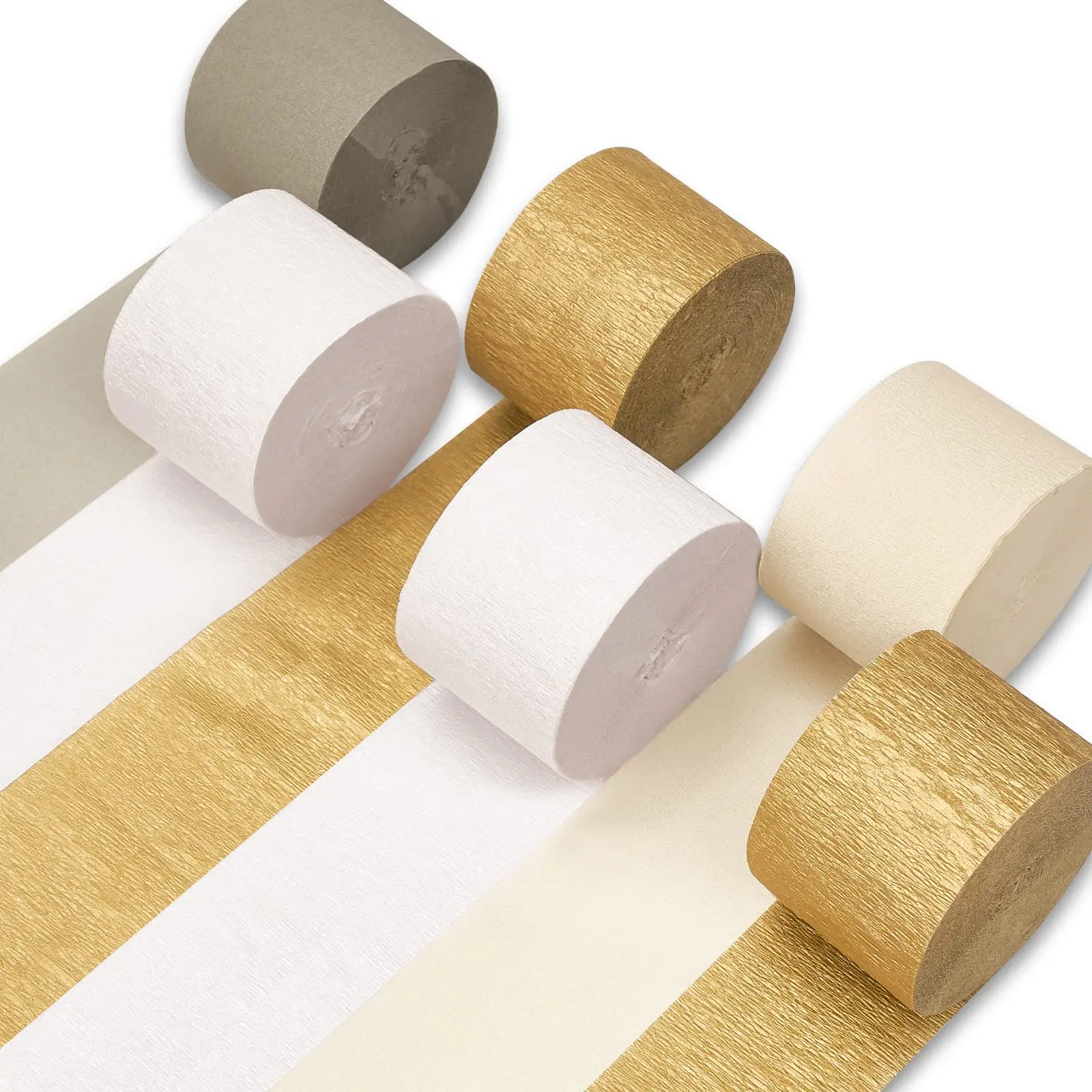 PartyWoo Metallic White & Gold Crepe Paper Streamers, 6 Rolls (1.8 in x 82 ft/Roll, Total 492 ft) - 30% Thicker Premium Decor Supplies for Weddings, Home Festive Parties; Hang from Ceilings, Windows, Doors, Walls, Fireplaces, Metallic Finish