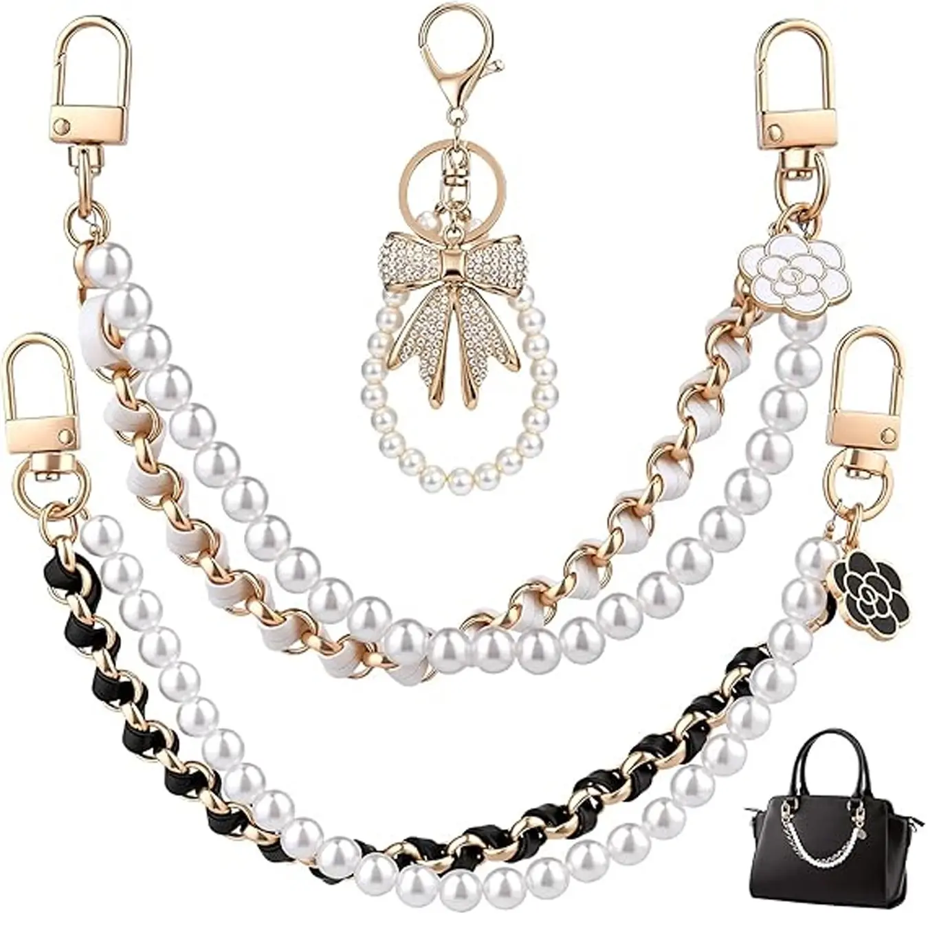 Handbag, Wallet, Belt Loop Chain, Denim Bag Charm, Imitation Pearl Vintage Strap Extender, Three-Piece Set, Fashion Accessory