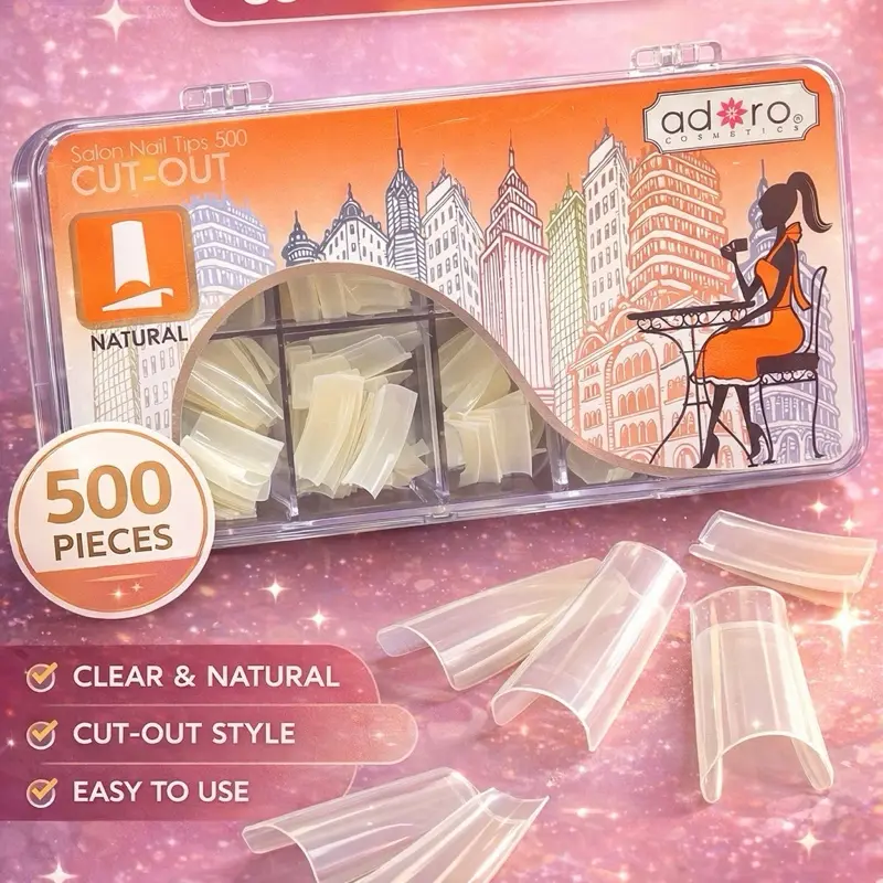 Adoro Cosmetics Salón Nail Tips 500 Clear Natural Cut-Out Style Easy to Use 500 Pieces